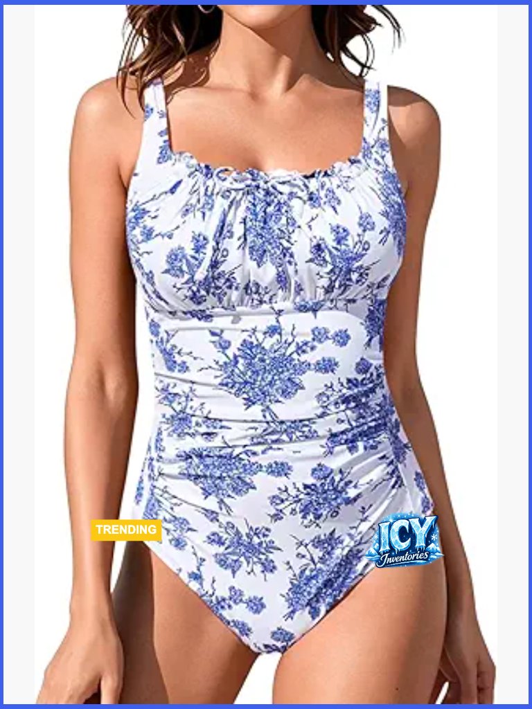 One Piece Swimsuit Tummy Control Full Coverage Ruched Square Neck